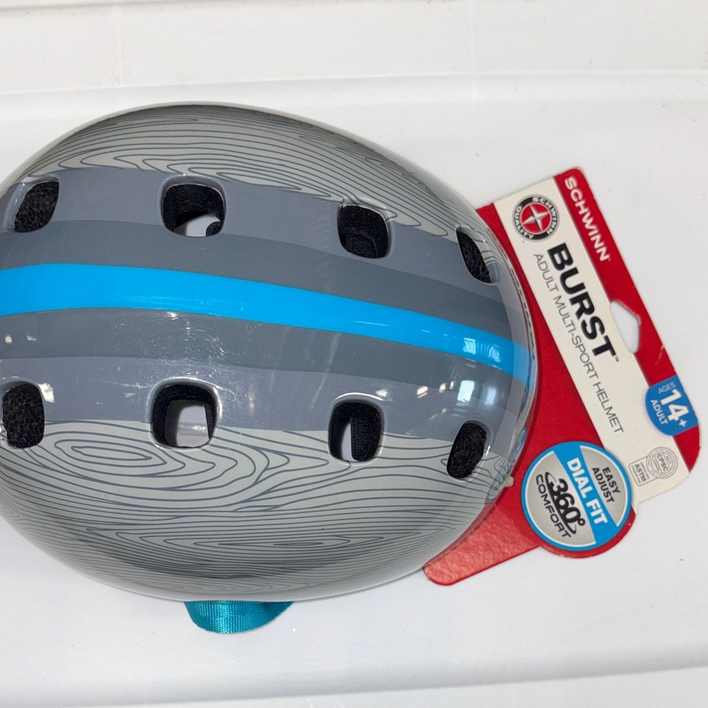 NEW Schwinn Burst Helmet - Gray Shell with Bright Blue Stripe EASY ADJUST